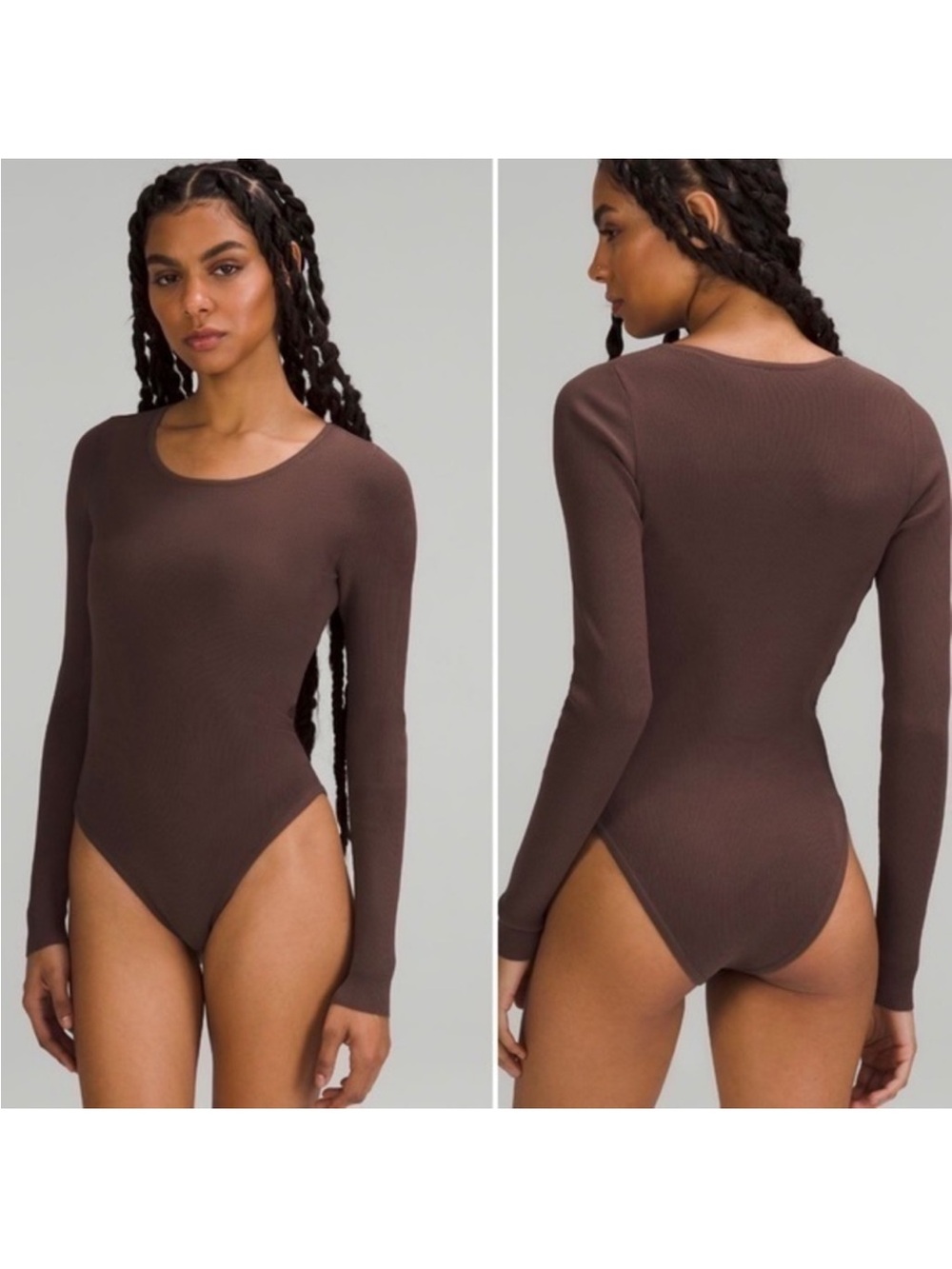 Lululemon tight fit long sleeve knit bodysuit in Java brown